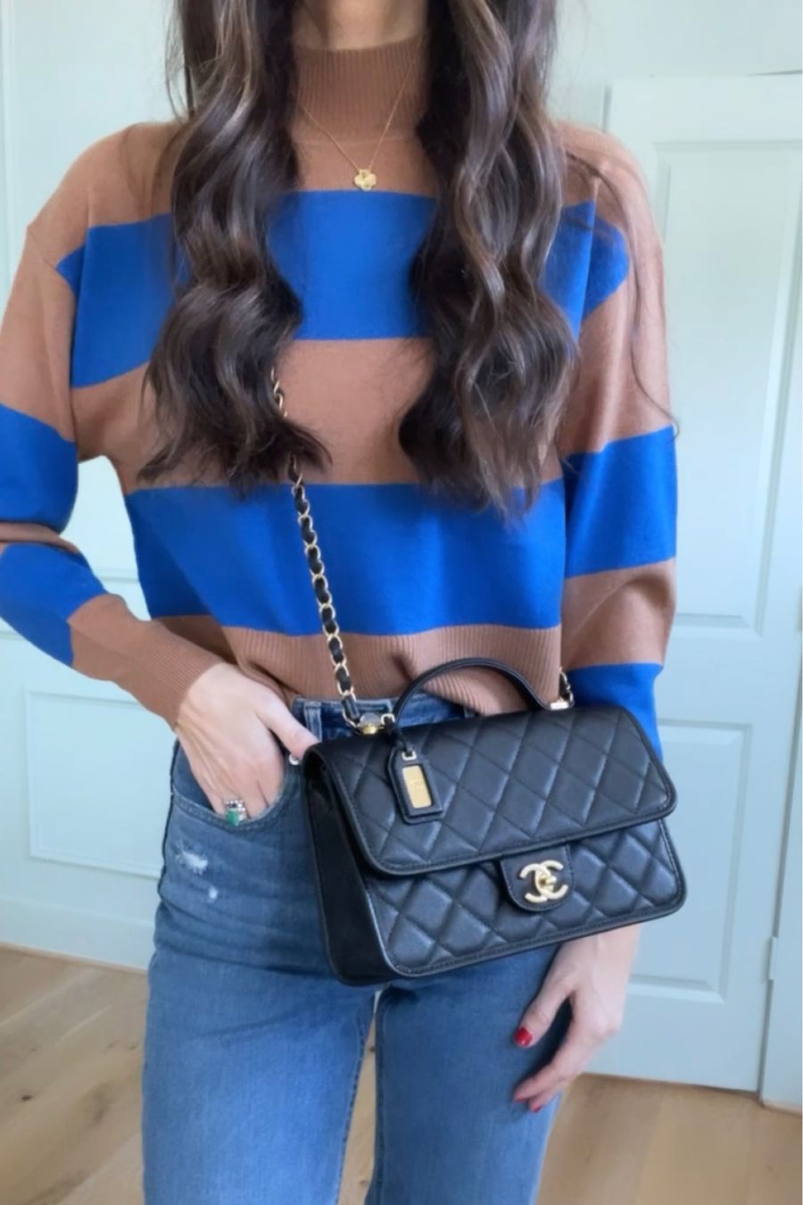 blue chanel bag outfit